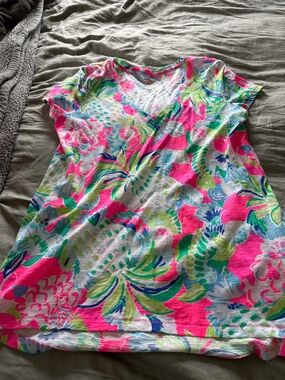 Lilly Pulitzer  V-Neck Tee in Hot Pink & Lime